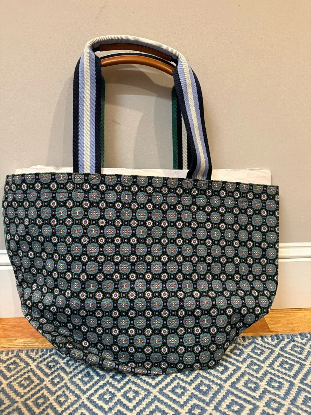 Tory Burch Green Bandana-Print Canvas Tote with Tan Leather Logo Patch